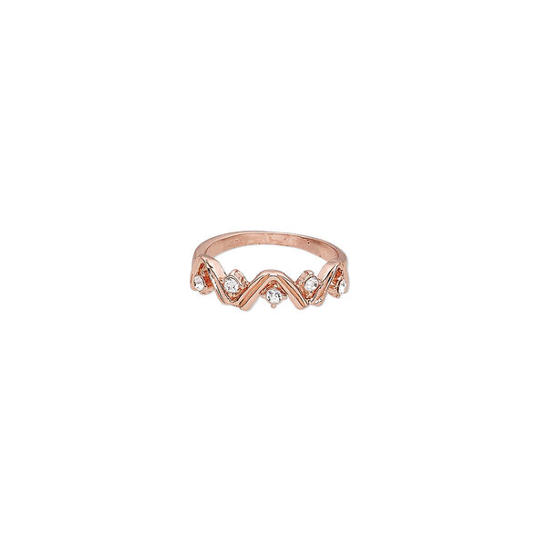 Ring, glass rhinestone and copper-finished "pewter" (zinc-based alloy), clear, 6mm wide with zigzag design, size 8. Sold individually. image number 0