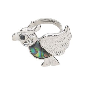 Ring 1pkg1 brass / paua shell / glass rhinestone, 30mm bird, natural silver finish / clear / black