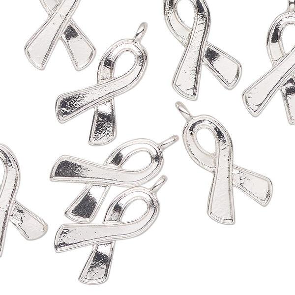 Charm, silver-finished "pewter" (zinc-based alloy), 17x11mm 2-sided awareness ribbon. Sold per pkg of 12. image number 0