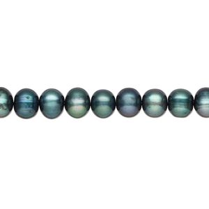Pearl, cultured freshwater pearl (dyed), spruce, 5-7mm semi-round, C grade, Mohs hardness 2-1/2 to 4. Sold per 15" strand, approximately 75 beads.