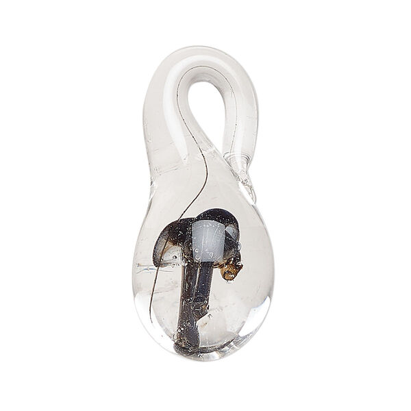 Focal, lampworked glass, transparent clear and black, 31x15-38x17mm teardrop with mushroom. Sold individually. image number 0