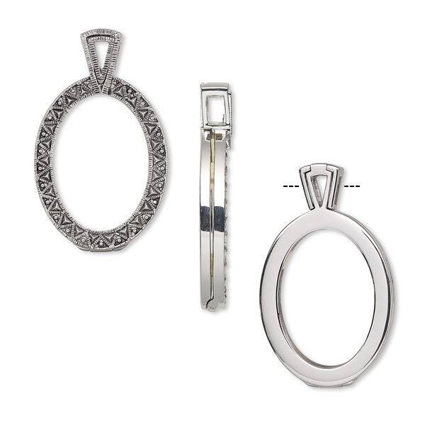Pendant, Almost Instant Jewelry®, antique silver-plated brass and rubber, 46x27.5mm single-sided hinged oval with 30x22mm oval setting. Sold individually. image number 0