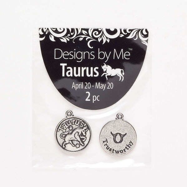 "Pewter" (zinc-based alloy) / enamel 1pkg2, 2-sided round charm / Taurus / "Trustworthy" antique silver-finish / black 17mm image number 0