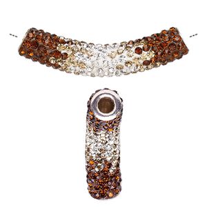 Bead, Dione®, resin / glass rhinestone / silver-plated brass, browns / white / clear, 47x9mm curved tube, 4mm hole. Sold individually.