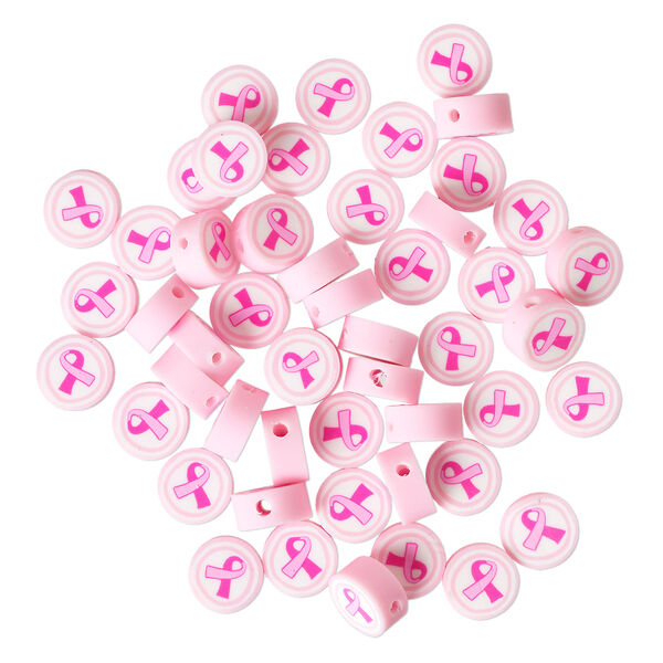 Bead 1pkg50, polymer clay, light pink / dark pink / white, 9mm flat round with awareness ribbon design image number 1