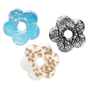 Random focal mix, lampworked glass, opaque and translucent mixed colors, 38-42mm flower donut with copper-colored glitter and silver-colored foil. Sold per pkg of 3.