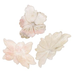 Pink opal 1pkg3, top-drilled / center-drilled carved flower / leaves focal natural mix 44x34mm-64x57mm