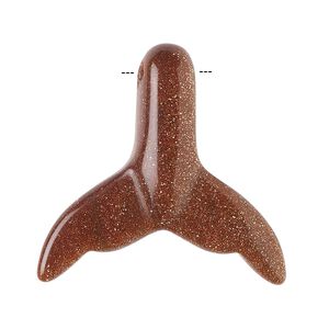 Focal, brown goldstone (man-made), 34x32mm side-drilled double-sided carved whale tail. Sold individually.