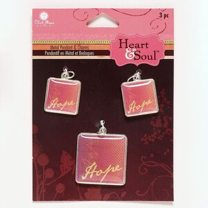 Drop mix, resin / silver-finished steel / "pewter" (zinc-based alloy), clear / light red / yellow, 17mm and 25mm square with "Hope." Sold per pkg of 3.