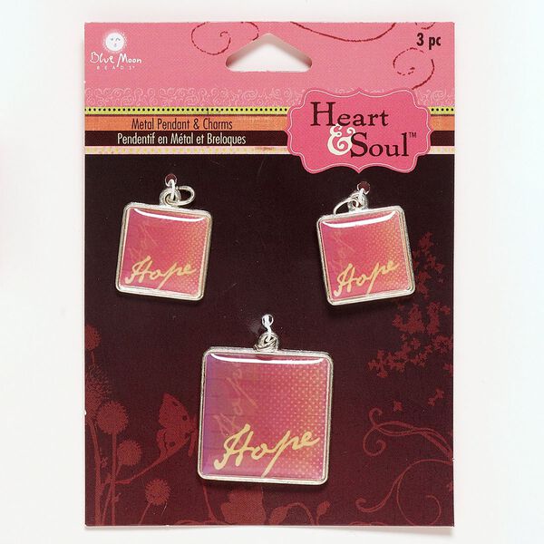 Drop mix, resin / silver-finished steel / "pewter" (zinc-based alloy), clear / light red / yellow, 17mm and 25mm square with "Hope." Sold per pkg of 3. image number 0
