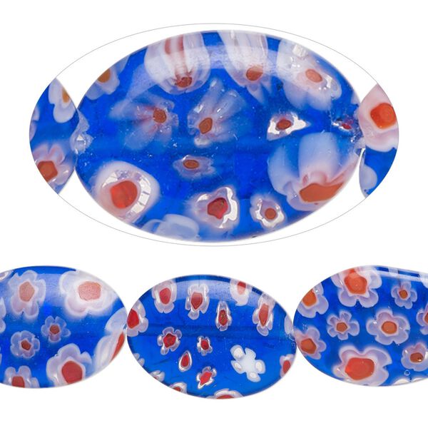 Bead, millefiori glass, translucent multicolored, 17x12mm-18x13mm puffed oval with 0.6-0.8mm hole. Sold per 15-inch strand. image number 0