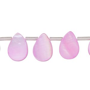 Bead, mother-of-pearl shell (dyed), pink, 13x3mm-14x9mm top-drilled flat teardrop, Mohs hardness 3-1/2. Sold per 13-inch strand, approximately 25 beads.