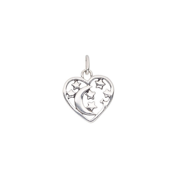 Charm, antiqued sterling silver, 12.5x12mm single-sided heart with cutout moon and stars. Sold individually. image number 0