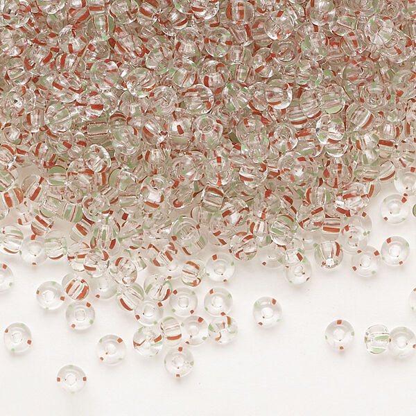 Seed bead, Preciosa Ornela, glass, transparent red / green / clear, #8 rocaille. Sold per 50-gram pkg. image number 0