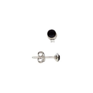 Earring 1pkg2 sterling silver, 4mm round earstud / earnuts, glass jet 1 pair