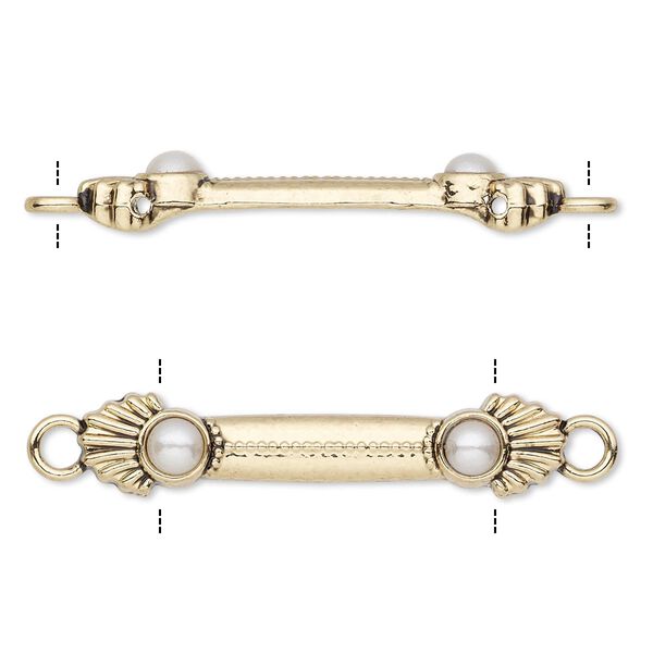 Link, acrylic pearl and antique gold-finished "pewter" (zinc-based alloy), white, 36x7mm double-drilled bar with shell design, fits up to 25.5mm bead. Sold per pkg of 10. image number 0