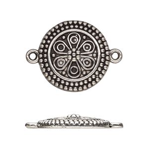 Link, antique silver-finished "pewter" (zinc-based alloy), 21.5mm single-sided domed round with flower. Sold per pkg of 10.