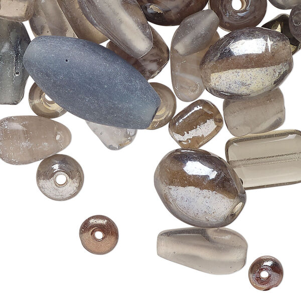 Bead mix, lampworked glass, opaque multi-grey, 5x4mm-20x13mm mixed shapes. Sold per 3-ounce pkg, approximately 115 beads. image number 0