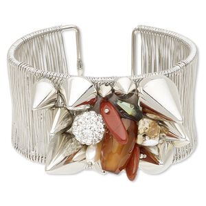 Bracelet, cuff, multi-gemstone (natural / dyed / heated) / plastic / glass / glass rhinestone / silver-coated plastic / imitation rhodium-finished steel, multicolored, 36mm wide, adjustable from 6-1/2 to 7-1/2 inches. Sold individually.