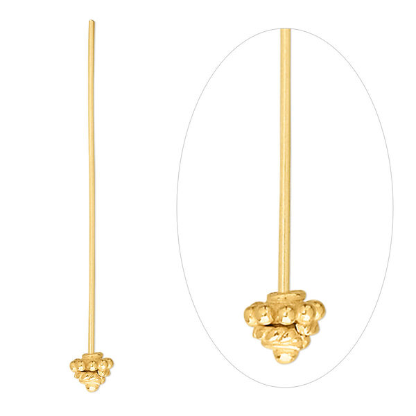 Head pin, "vermeil," 1-1/2 inches with 4mm beaded bead cap, 21 gauge. Sold per pkg of 2. image number 0