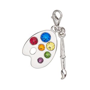 Charm crystal steel 1pk 24x15mm painter's palette and brush with lobster claw clasp, multicolored silver finish