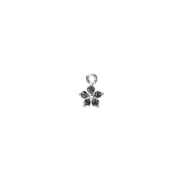 Charm, crystals and sterling silver, Montana, 6mm single-sided flower. Sold per pkg of 2. image number 0