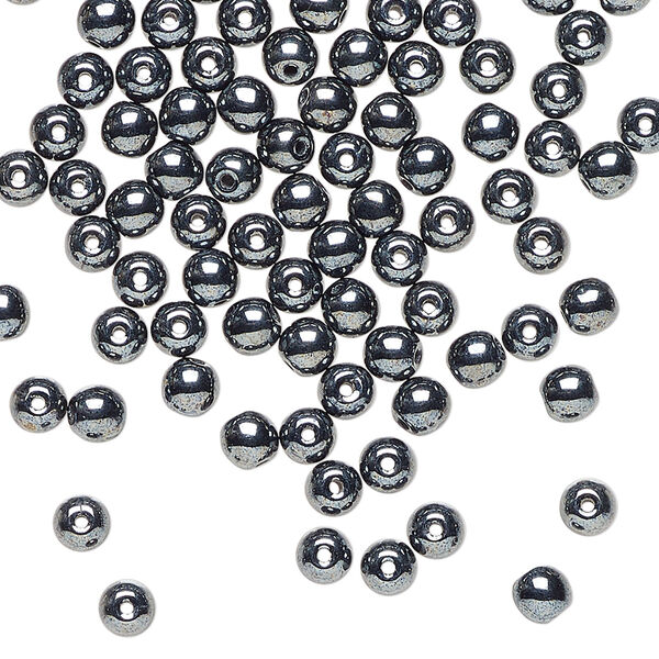 Bead 1pkg100, Czech glass druk, opaque hematite, 4mm round. image number 0