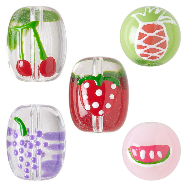 Bead mix, hand-painted glass, opaque to transparent multicolored, 14mm round and 18x14mm oval with fruit designs. Sold per pkg of 5. image number 0