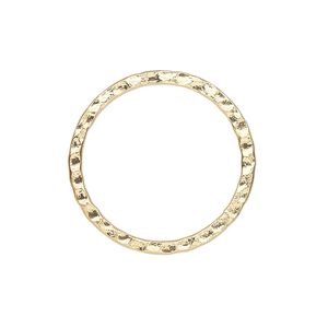 Component, gold-plated steel, 25mm double-sided hammered flat open round. Sold per pkg of 10.