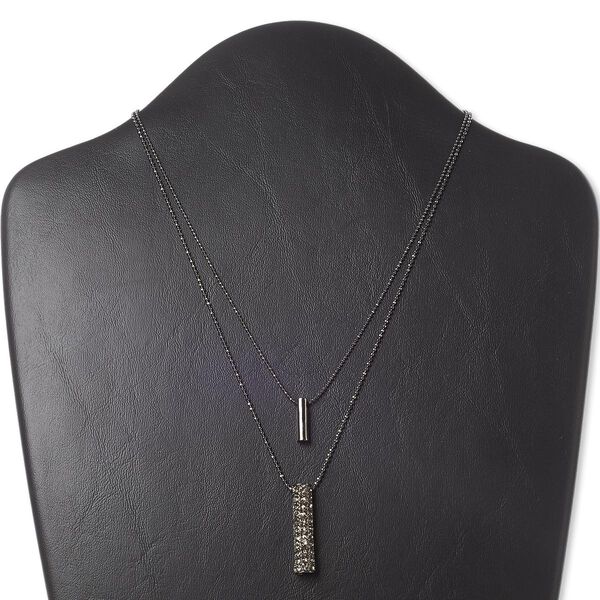 Necklace, 2-strand, glass rhinestone and gunmetal-finished "pewter" (zinc-based alloy), smoke, 32x7mm and 16x4mm cylinder, 16 inches with 3-inch extender chain and lobster claw clasp. Sold individually. image number 0