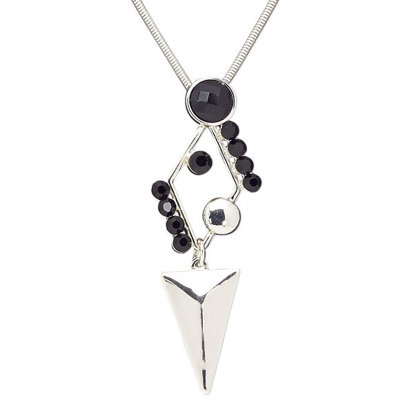 Necklace, acrylic rhinestone / acrylic / silver-plated brass / steel / "pewter" (zinc-based alloy), black and clear, 3-1/3 x 1-1/4 inches with triangle, 22 inches with 2-inch extender chain and lobster claw clasp. Sold individually. image number 0