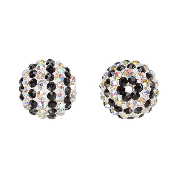 Bead, Egyptian glass rhinestone / epoxy / resin, white / black / clear AB, 14mm round with pavé striped design. Sold individually. image number 0