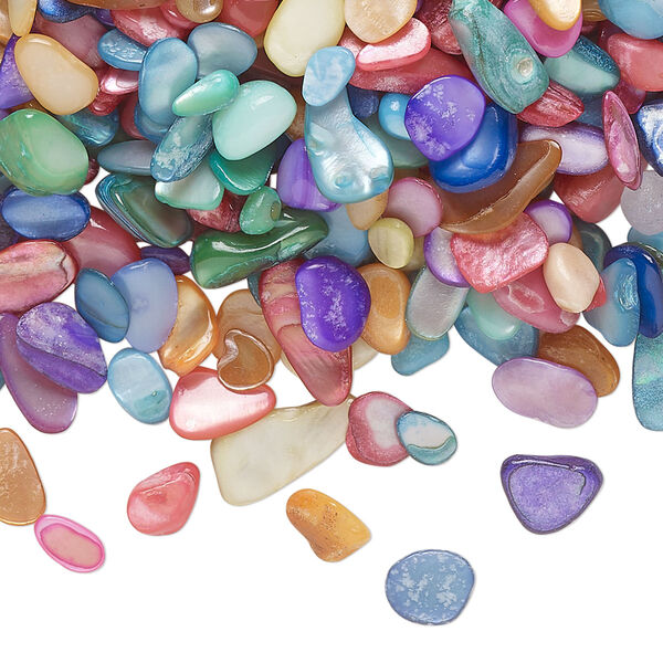 Inlay chip, mother-of-pearl (dyed), multicolored, mini undrilled chip, Mohs hardness 3-1/2. Sold per 2-ounce pkg. image number 0