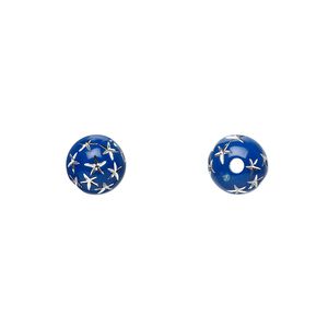 Bead, acrylic, blue, 8mm round with stars. Sold per 50-gram pkg, approximately 160-180 beads.