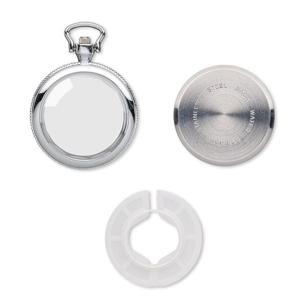 Watch body, glass / stainless steel / silver-plated "pewter" (zinc-based alloy), 54x40mm round. Sold per 4-piece set. image number 0