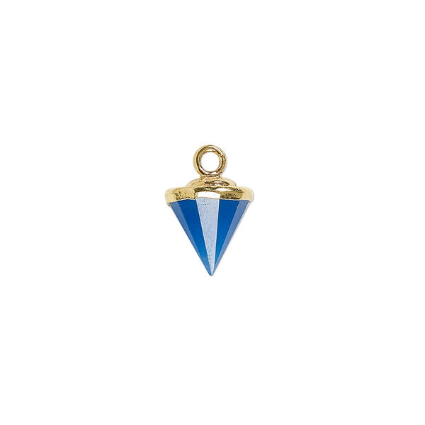 Drop, blue chalcedony (dyed) / electroplated gold / gold-finished sterling silver, 9x8mm-11x8mm hand-cut faceted cone. Sold individually. image number 0