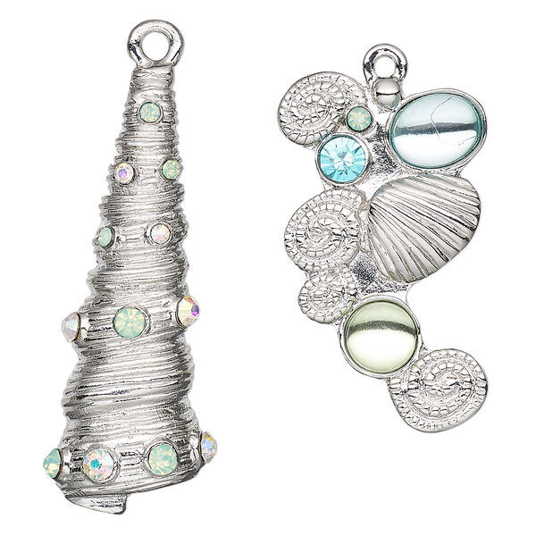 Focal, Charmed, glass rhinestone / resin / imitation rhodium-finished "pewter" (zinc-based alloy), multicolored, 42x23.5mm single-sided with clam shell and 51x19.5mm single-sided tower shell. Sold per 2-piece set. image number 0