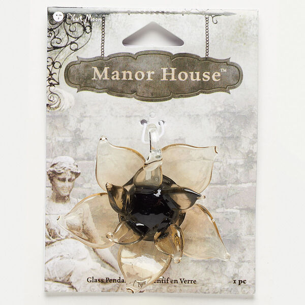 Pendant, lampworked glass, amber yellow, 56x55x22mm flower. Sold individually. image number 0