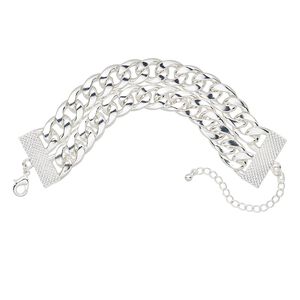 Bracelet, 2-strand, silver-plated steel and "pewter" (zinc-based alloy), 30.5mm wide, 7 inches with 3-inch extender chain and lobster claw clasp. Sold individually.