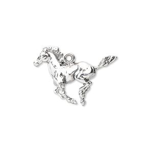 Charm, sterling silver, 24x17mm galloping mustang. Sold individually.