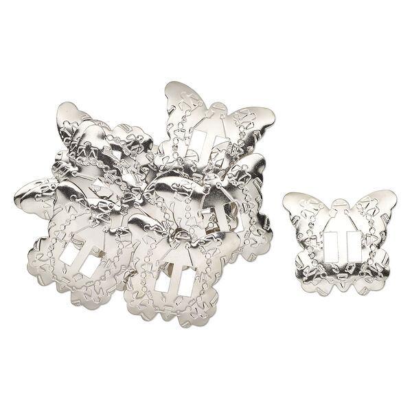 Slide, steel, 35x34mm-38x35mm textured butterfly, (2) 10x4.5mm rectangle holes. Sold per pkg of 10. image number 0