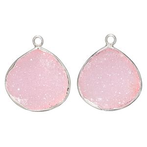 Drop, druzy agate (dyed) and sterling silver, pink, 20x20mm single-sided teardrop. Sold per pkg of 2.