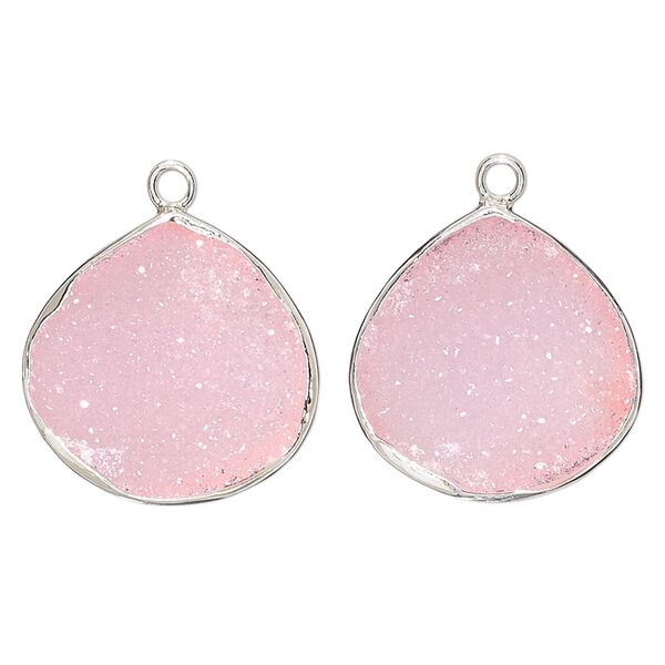 Drop, druzy agate (dyed) and sterling silver, pink, 20x20mm single-sided teardrop. Sold per pkg of 2. image number 0