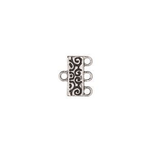 End bar, antique silver-finished "pewter" (zinc-based alloy), 12x5mm double-sided swirl design with 3 loops. Sold per pkg of 12.