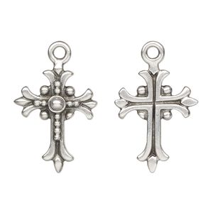 Drop, TierraCast®, antique silver-plated pewter (tin-based alloy), 22x17.5mm single-sided cross with fleur-de-lis design. Sold per pkg of 20.