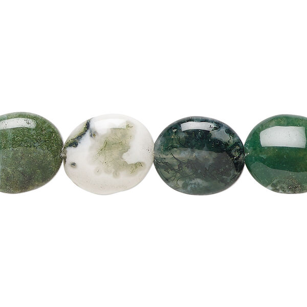 Bead, moss agate (natural), 14x12mm flat oval, B grade, Mohs hardness 6-1/2 to 7. Sold per 15-1/2" to 16" strand. image number 0
