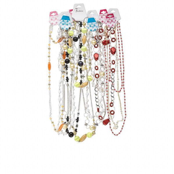 Necklace mix, acrylic, brass and assorted materials (natural / dyed / manmade), mixed colors and shapes, 52 inches. Sold per pkg of 10. image number 0