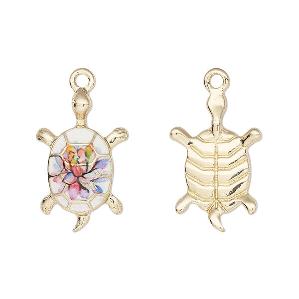 Charm, resin and gold-finished "pewter" (zinc-based alloy), multicolored, 22x14mm 3D turtle with flower design. Sold individually. image number 0