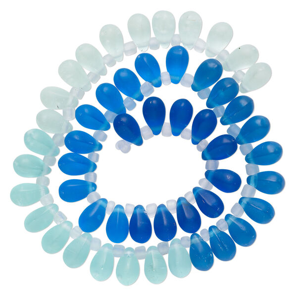 Bead, glass, translucent matte pale blue, blue and royal blue, 11x7mm top-drilled teardrop with irregular rondelles. Sold per 14-inch strand. image number 0