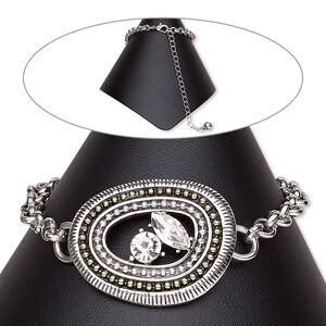 Bracelet, glass rhinestone / brass / silver-plated brass / antique silver-plated steel / "pewter" (zinc-based alloy), clear, 35x27mm open oval, 6-1/2 inches with 2-inch extender chain and lobster claw clasp. Sold individually.
